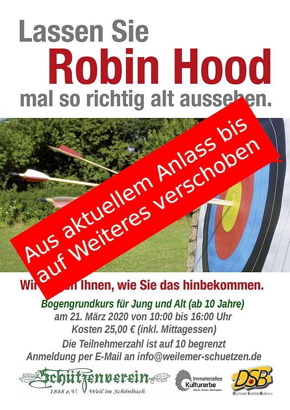 DSB Plakat Bogensport Robin A3 Bogengrundkurs 2020 Verschoben 50p